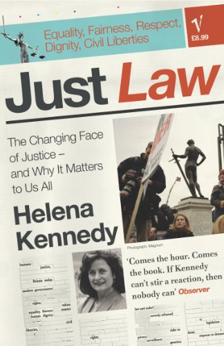 Book cover: "Just Law" by Helena Kennedy, featuring statues and protests.