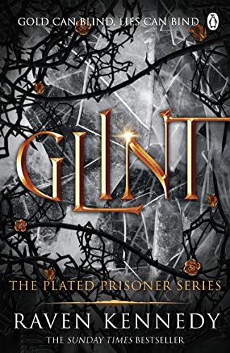 Book cover for “Glint” with cracked glass and gold thorns imagery.