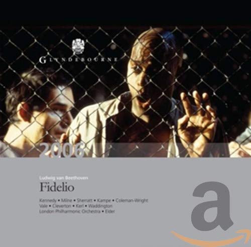 CD cover for Beethoven's Fidelio featuring two men behind a chain-link fence.