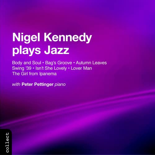 CD cover for Nigel Kennedy’s “Plays Jazz” with purple gradient background.
