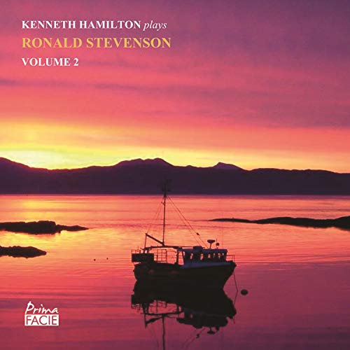 "Album cover with a boat on calm water at sunset, mountains in the background."