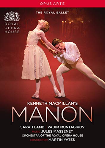 Ballet dancers in white and beige costumes on a red background with dramatic poses.