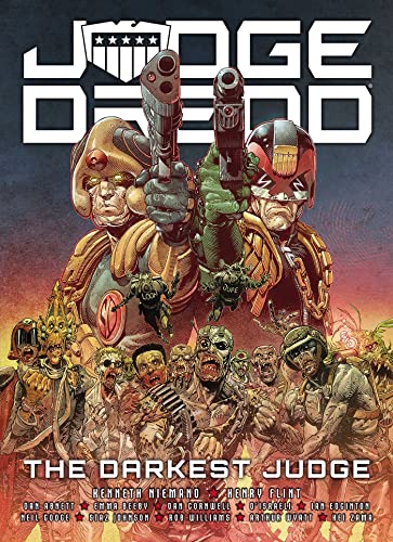 Judge Dredd and a psychic character aim pistols above a crowd of grotesque zombies.