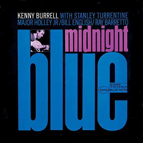 Album cover for Kenny Burrell’s “Midnight Blue” featuring a guitarist.