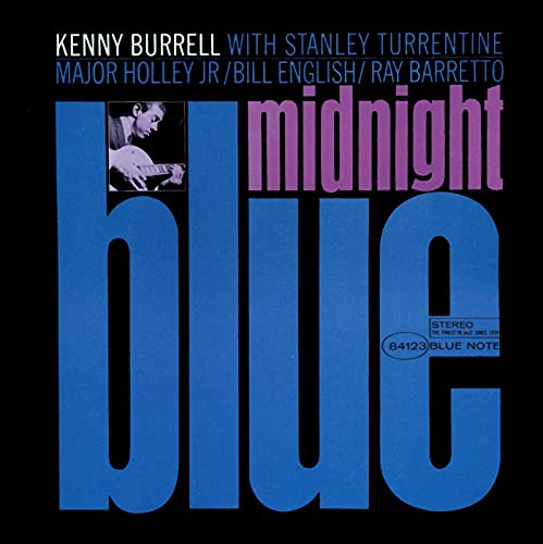 Album cover for Kenny Burrell's Midnight Blue featuring a guitarist on a black background.