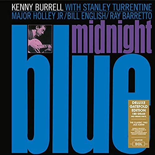 Kenny Burrell's "Midnight Blue" vinyl album cover, blue and purple design.