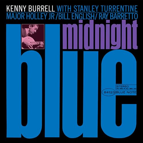 Album cover for Kenny Burrell's "Midnight Blue" featuring a guitarist.