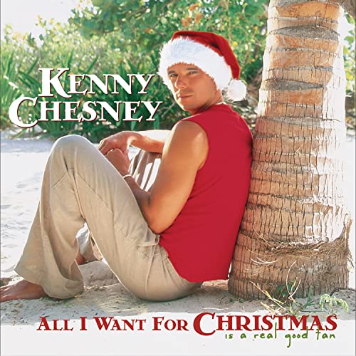 Kenny Chesney in a Santa hat leaning against a palm tree.