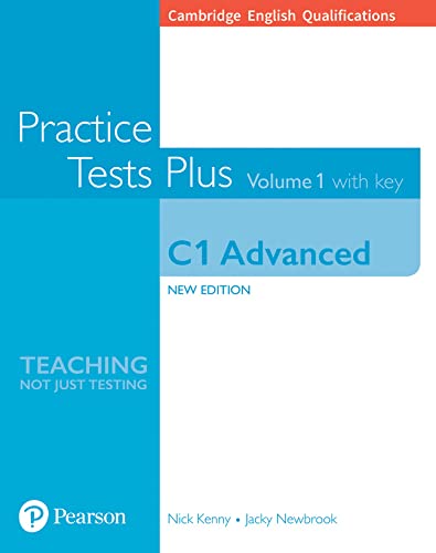 Blue and white "Practice Tests Plus" C1 Advanced exam preparation book cover.