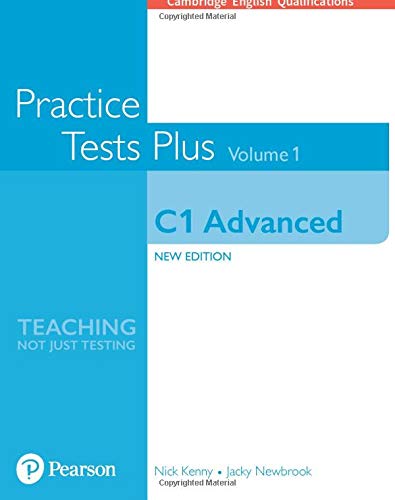 Blue and white "Practice Tests Plus" C1 Advanced exam preparation book cover.