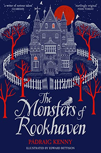 Book cover: detailed illustration of a large, dark mansion with red trees.