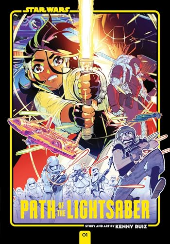 A character holds a glowing yellow lightsaber in a dynamic Star Wars comic cover.