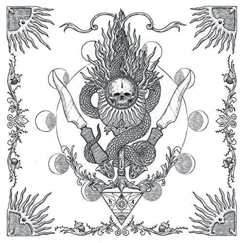 Black and white illustration of a snake coiled around a skull with daggers.