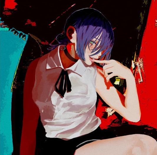 Anime-style illustration of a person with purple hair and a white shirt.