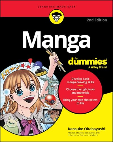Manga For Dummies" book cover with anime girl illustration and drawing tools.