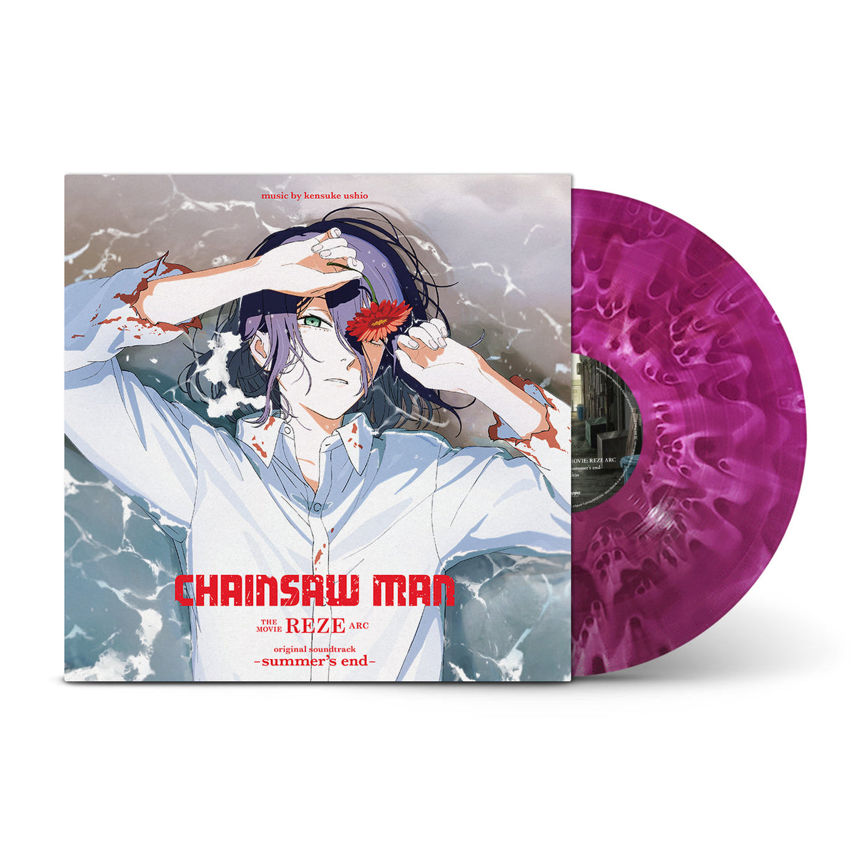 “Chainsaw Man” movie vinyl record with character art and pink disc.