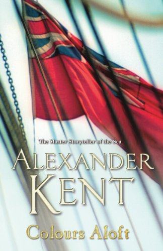 Book cover: a British flag on a ship, gold title “Colours Aloft”.