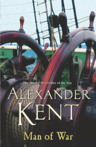 Book cover: ship’s wheel, ropes, and author Alexander Kent’s “Man Of War.”