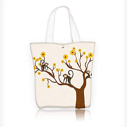 Cream tote bag with illustration of monkeys in a flowering tree.