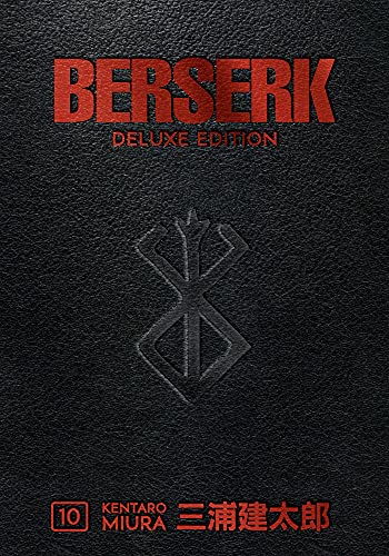 Black leather-textured cover of Berserk Deluxe Volume 10 with red text and brand symbol.