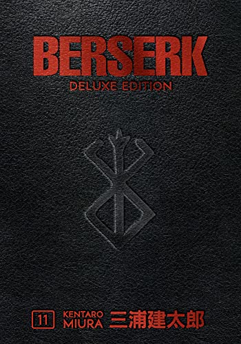 Black leather-textured cover of Berserk Deluxe Volume 11 with red text and embossed symbol.