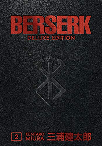 Black leather-textured cover of Berserk Deluxe Volume 2 with red text and embossed symbol.