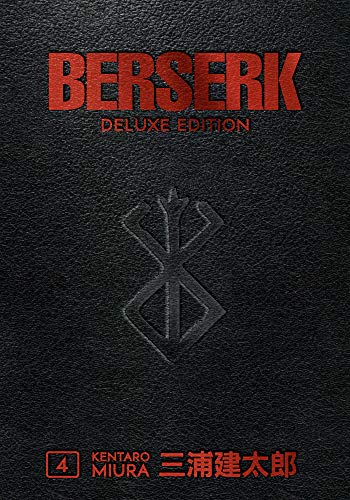 Black leather cover of Berserk Deluxe Volume 4 with red text and embossed symbol.