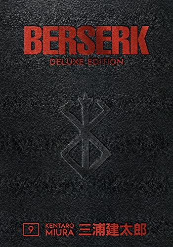 Black leather-textured cover of Berserk Deluxe Volume 9 with red text and embossed symbol.
