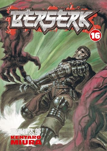Berserk volume 16 cover: armored warrior Guts against a red and green background.