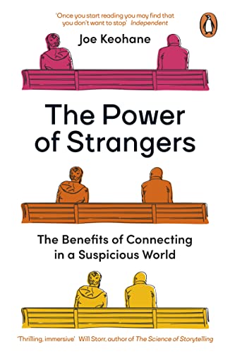Book cover with illustrated figures seated on benches, titled "The Power of Strangers".