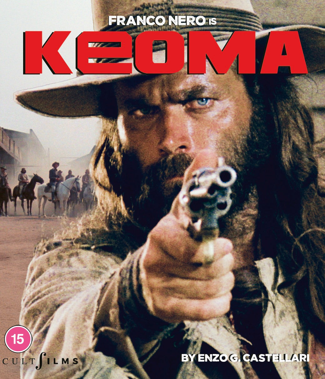 Blu-ray cover for "Keoma" featuring Franco Nero with a gun, western setting.