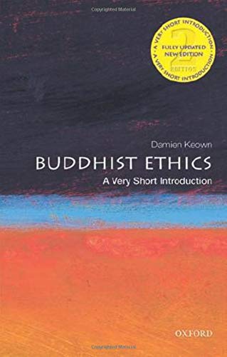 Book cover: "Buddhist Ethics" by Damien Keown, with abstract color blocks.