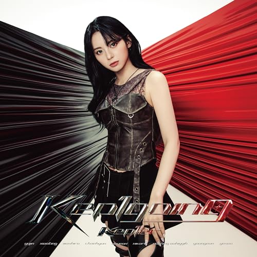 Kep1er album cover featuring a young woman with black hair and red/black background.