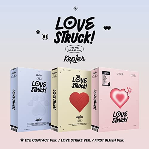 Kep1er “Lovestruck!” album cover featuring heart motifs and text.