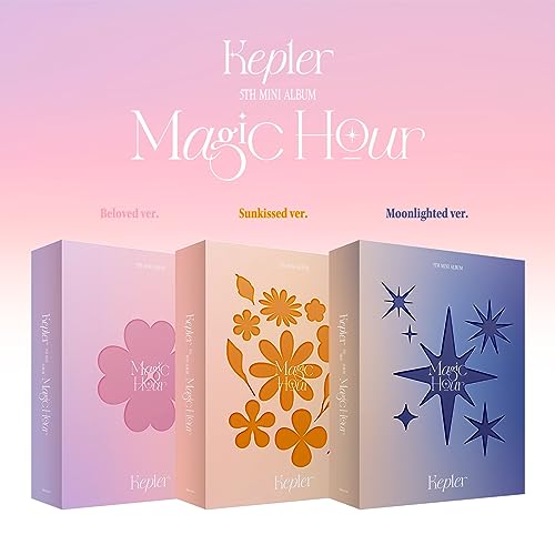 Kep1er “Magic Hour” album covers: floral, sun, and star designs.