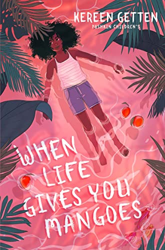A girl with curly hair floats in pink water surrounded by palm leaves and mangoes.