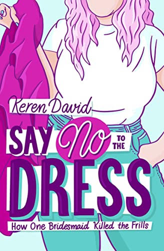 Book cover: illustration of woman with pink hair holding a pink dress.