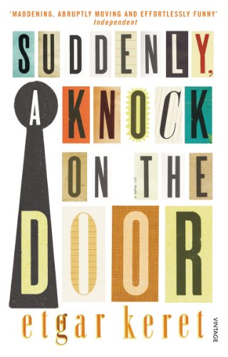 Book cover: "Suddenly, a Knock on the Door" with keyhole illustration.