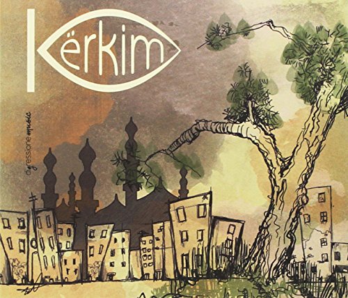 "Album cover with a drawing of a cityscape and a bent tree."
