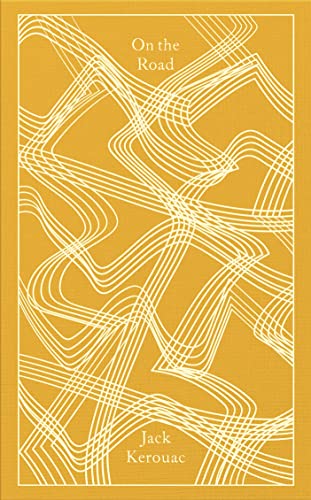Yellow book cover with white line art and text: "On the Road" by Jack Kerouac.