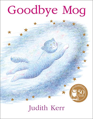 Book cover: a light blue cat floats among golden stars.
