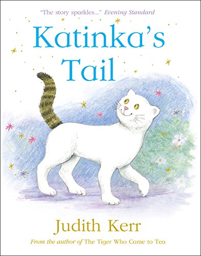 Book cover featuring a white cat with a striped tail, “Katinka’s Tail.”