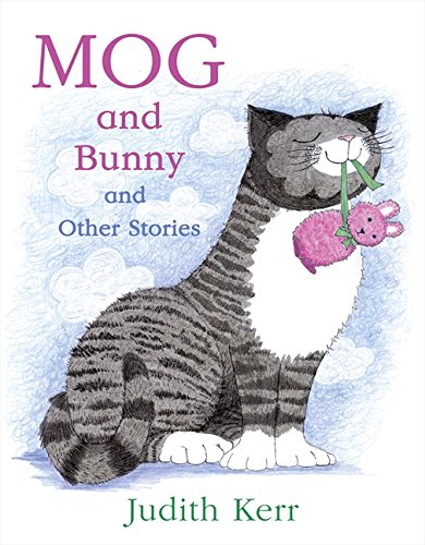 Book cover: grey cat with pink bunny, title "Mog and Bunny".