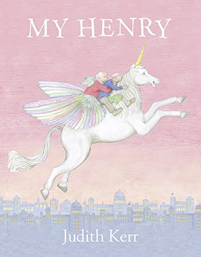 Book cover: a white unicorn with wings carries two figures over a city.