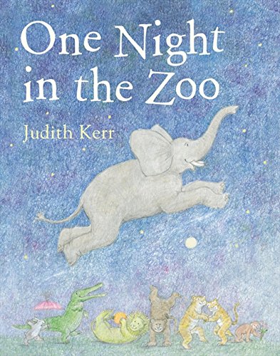 Book cover: elephant flying over zoo animals at night.