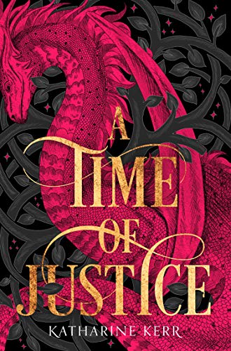 Book cover featuring a red dragon and gold text: “A Time of Justice.”