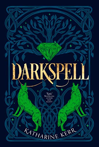 Book cover: “Darkspell” with green wolves, ornate frame, and gem illustration.