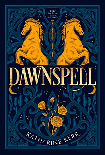 Book cover featuring two golden horses, a sword, and roses on a blue background.