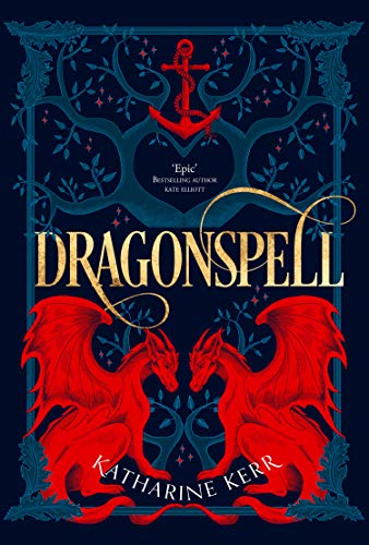 Book cover with ornate frame, dragons, and the title "Dragonspell" in gold lettering.