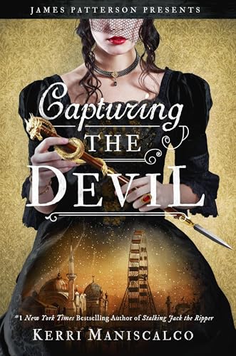 Book cover: woman in black dress holding a jeweled dagger, city skyline.